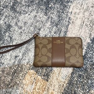 Coach Brown Signature Canvas Wristlet with Leather Trim